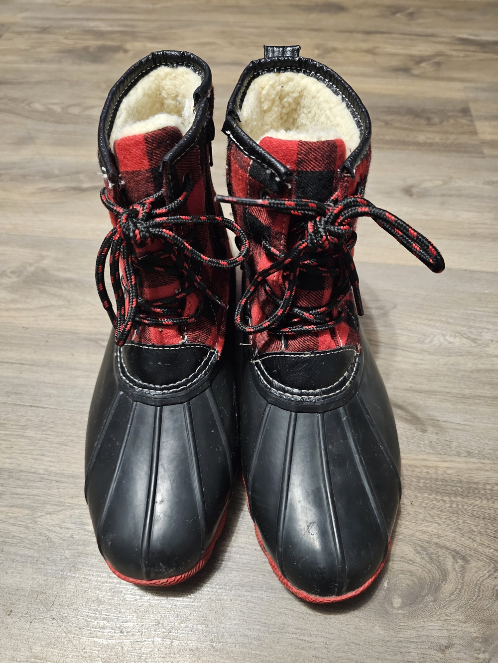 Women’s Red Plaid Winter Waterproof Duck Boots with Fleece Lining